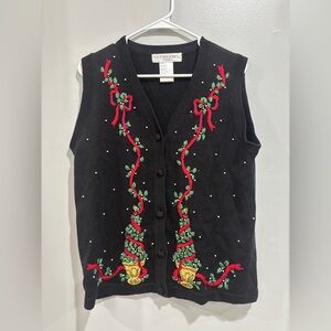 Victoria Jones Vest Black Multi Christmas Floral Embroidered Design Buttons LP